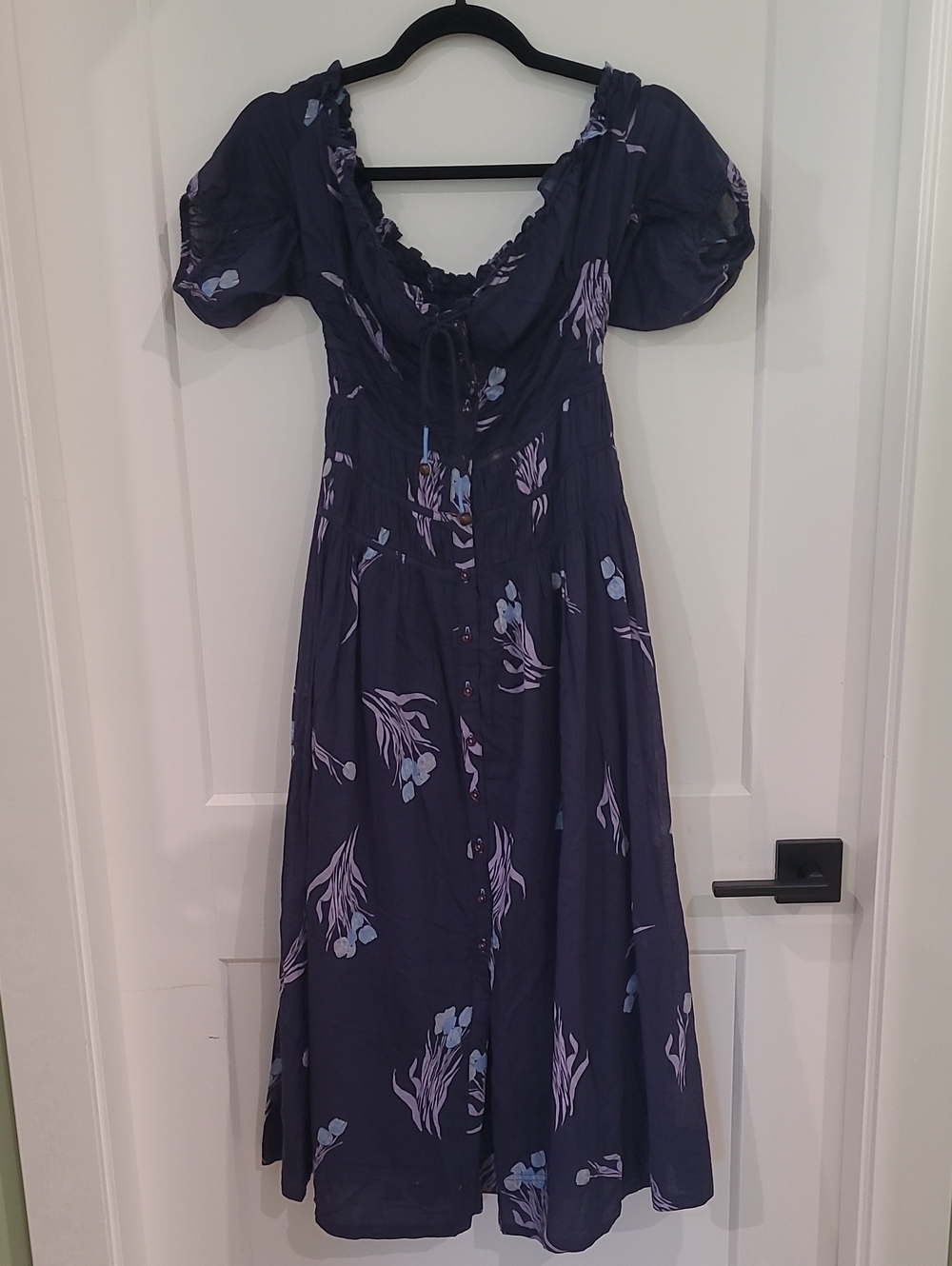 Free People "Complete Me" Floral Cotton Midi Dress with Puff Sleeves - Navy